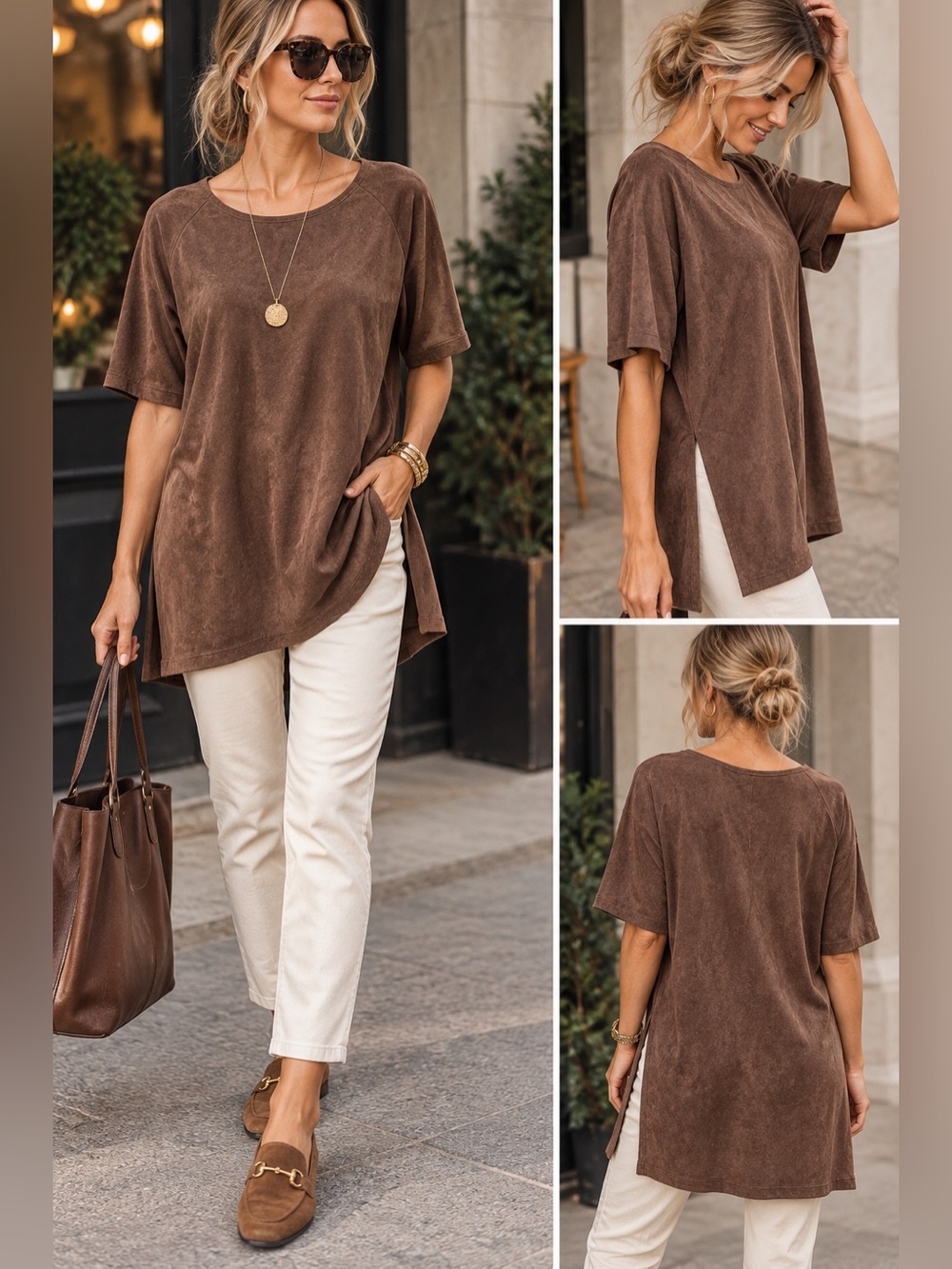 Women’s Relaxed Brown Short-Sleeve Tunic Top in Faux Suede